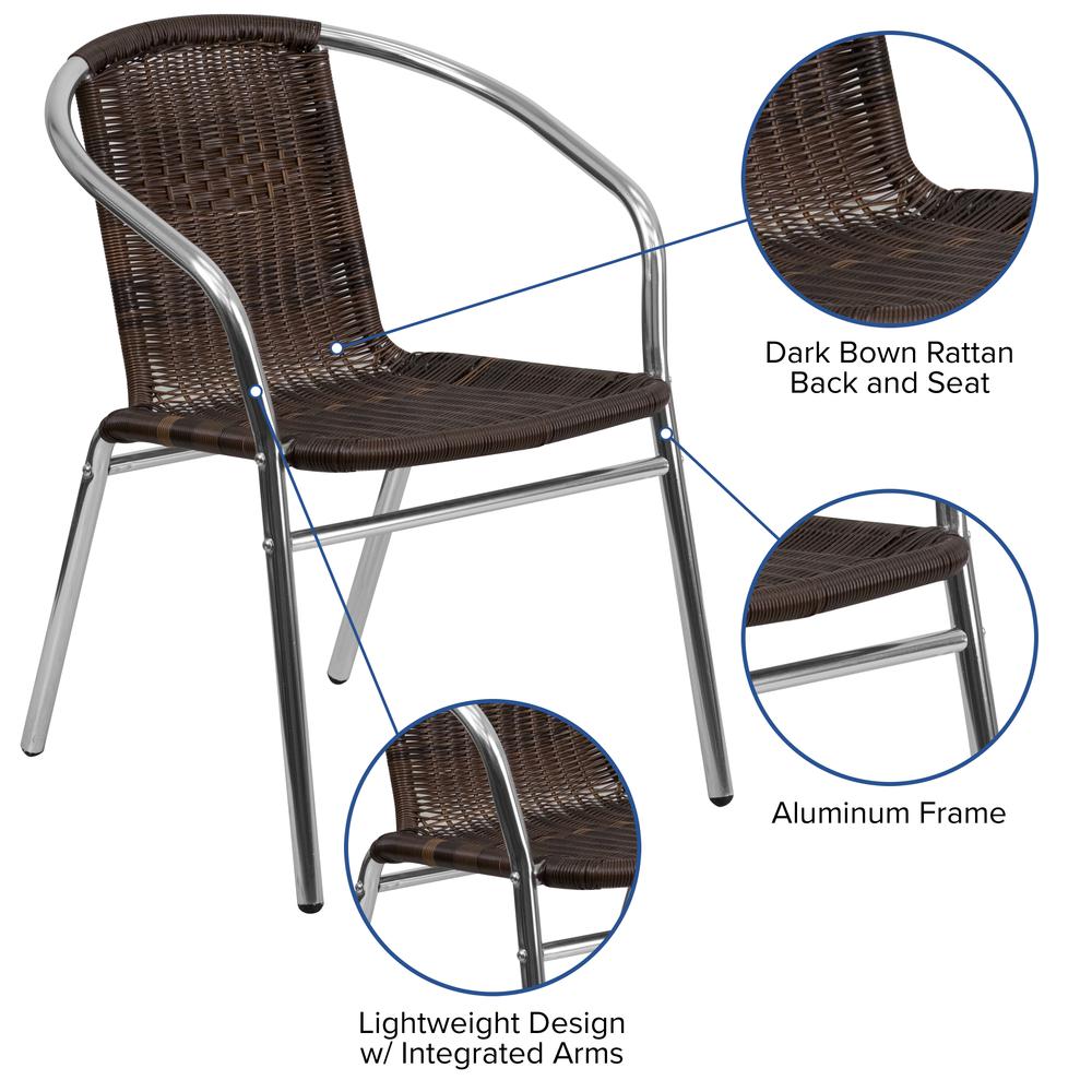 Commercial Aluminum and Dark Brown Rattan Indoor-Outdoor Restaurant Stack Chair. Picture 5