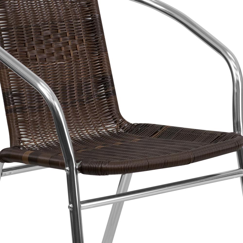 Commercial Aluminum and Dark Brown Rattan Indoor-Outdoor Restaurant Stack Chair. Picture 6