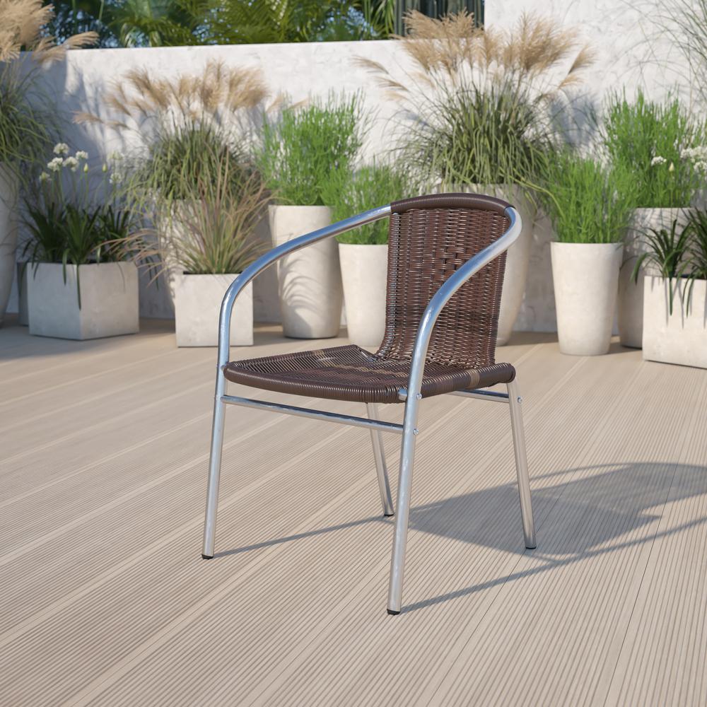 Commercial Aluminum and Dark Brown Rattan Indoor-Outdoor Restaurant Stack Chair. Picture 1
