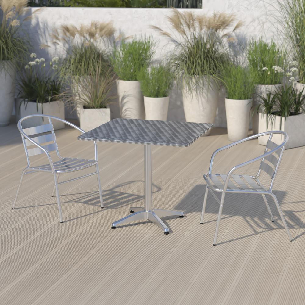 Silver Metal Indoor-Outdoor Restaurant Stack Chair with Metal Triple Slat Back. Picture 6