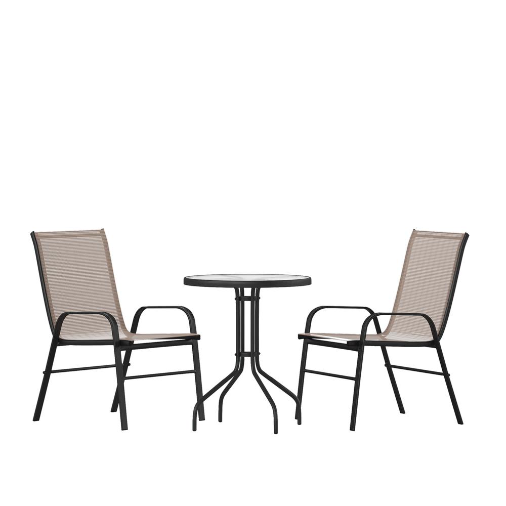 3 Piece Set - 23.75" Tempered Glass Patio Table, 2 Brown Stack Chairs. Picture 1