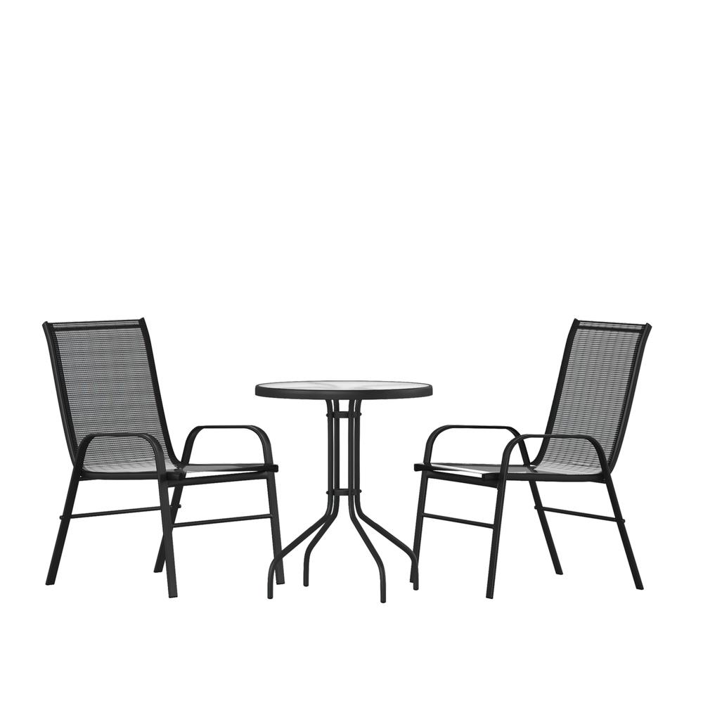 3 Piece Set - 23.75" Tempered Glass Patio Table, 2 Black Stack Chairs. Picture 1