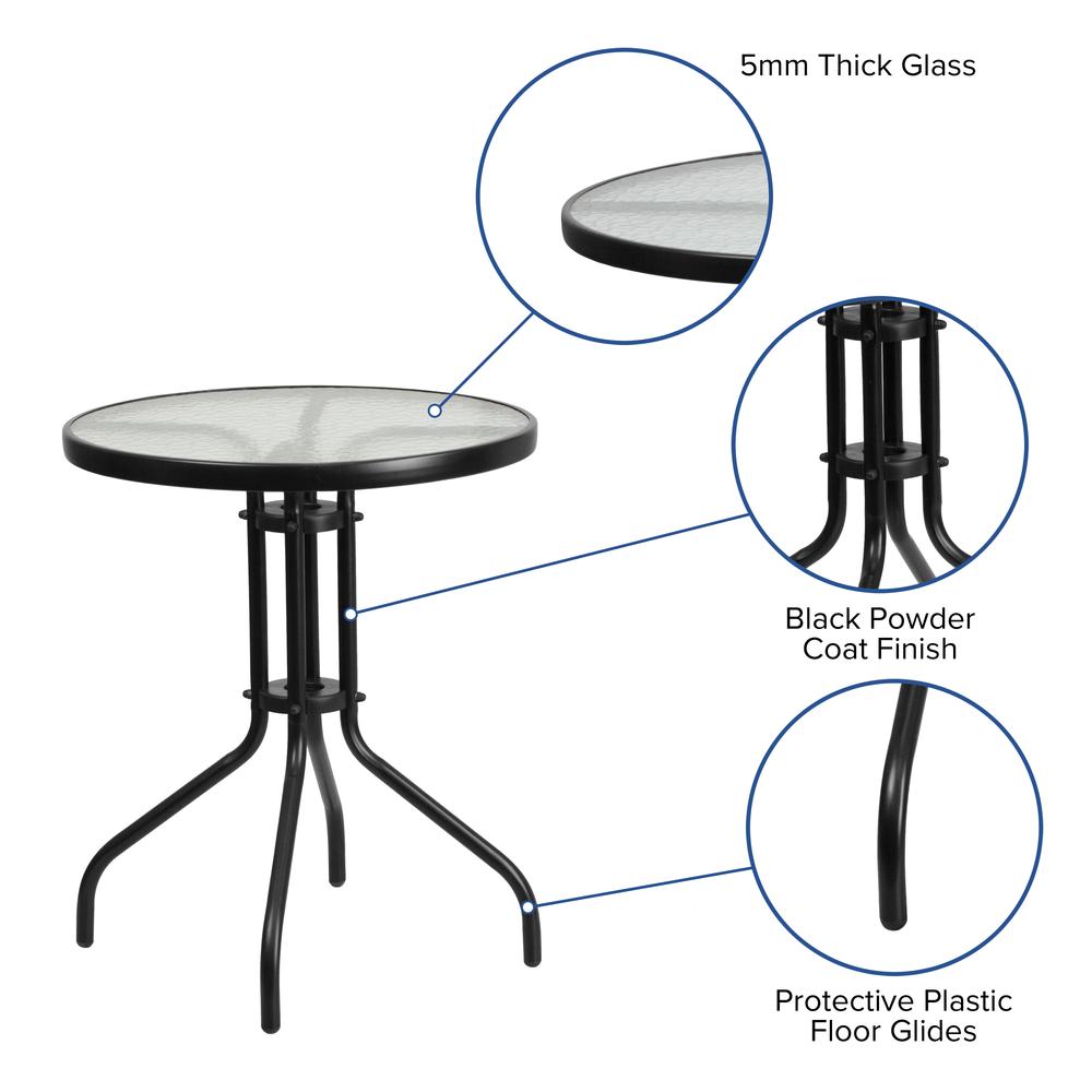 3 Piece Set - 23.75" Tempered Glass Patio Table, 2 Black Stack Chairs. Picture 7