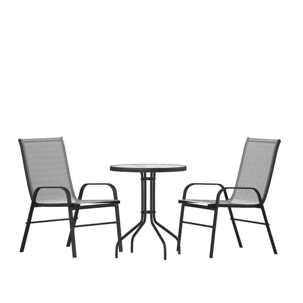 3 Piece Set - 23.75" Tempered Glass Patio Table, 2 Gray Stack Chairs. Picture 1