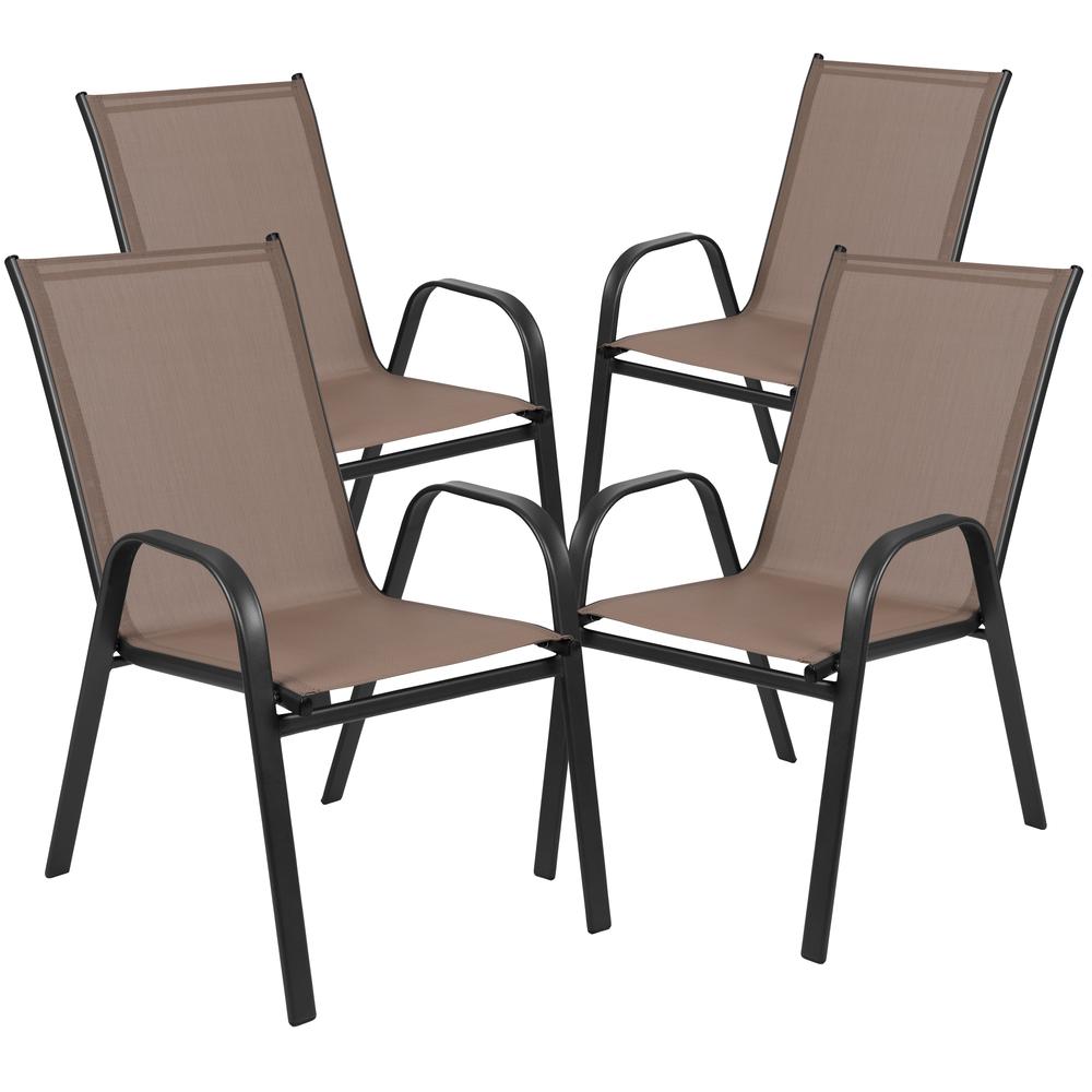 5 Piece Set - 31.5" Tempered Glass Patio Table, 4 Brown Stack Chairs. Picture 9