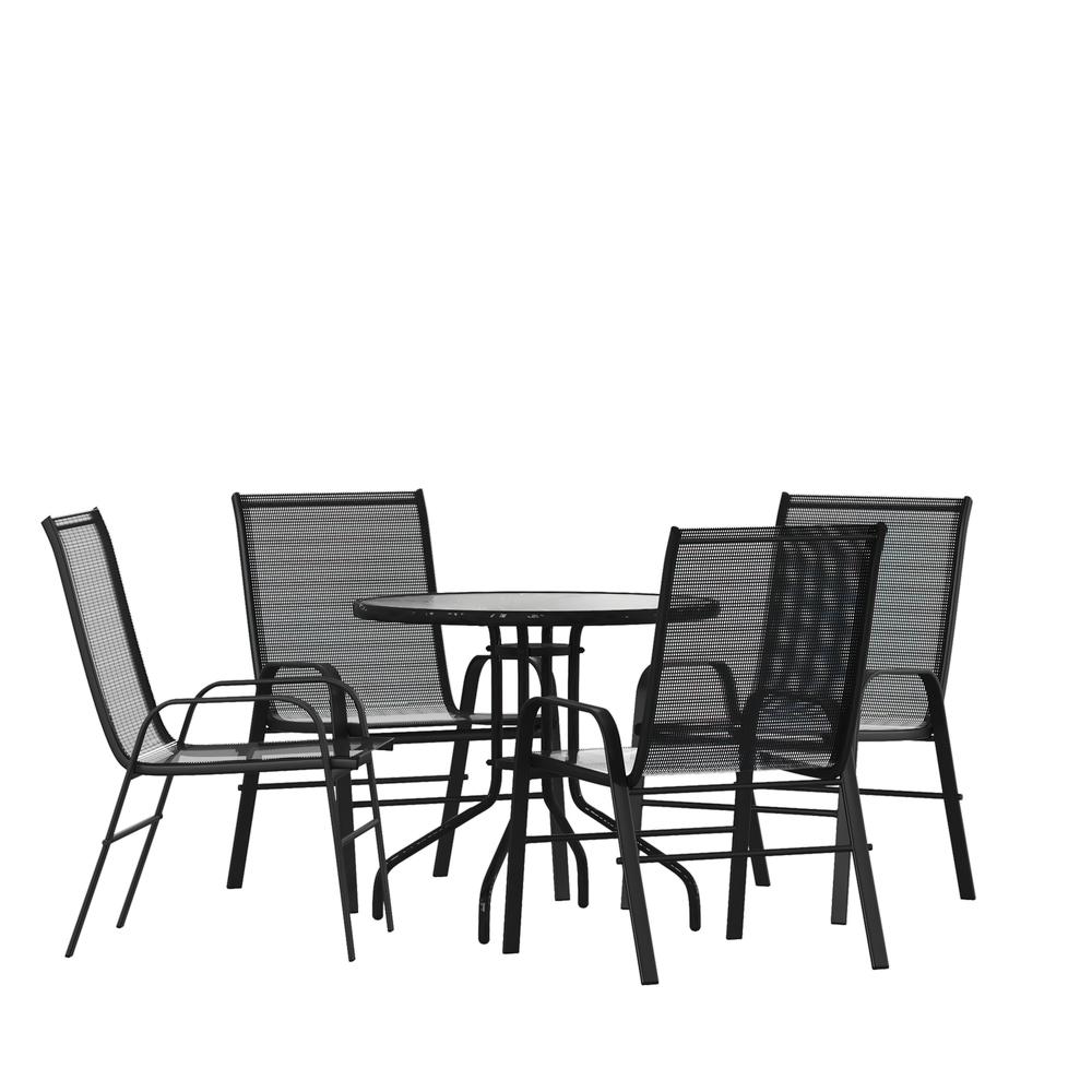 5 Piece Set - 31.5" Tempered Glass Patio Table, 4 Black Stack Chairs. Picture 1