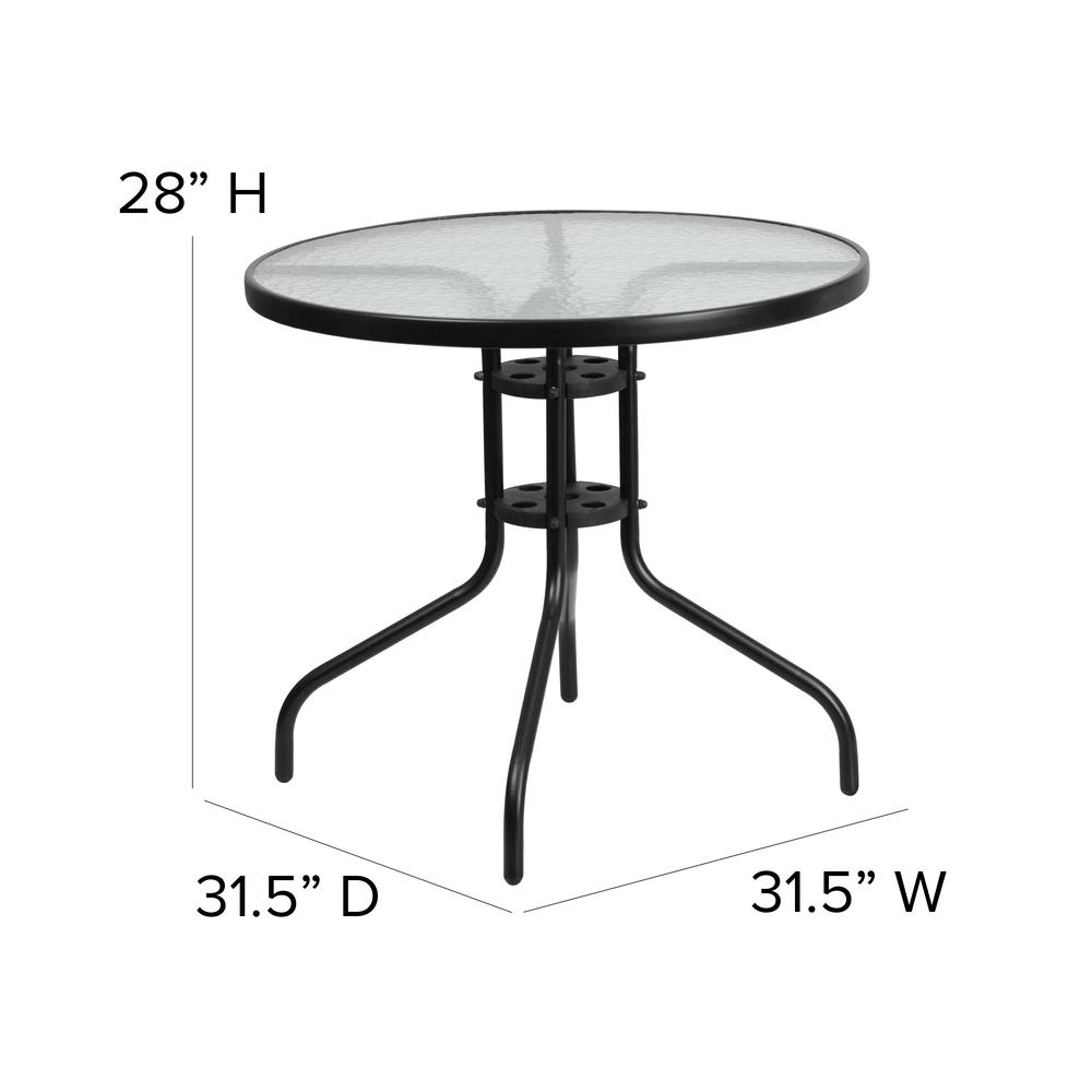 5 Piece Set - 31.5" Tempered Glass Patio Table, 4 Black Stack Chairs. Picture 6