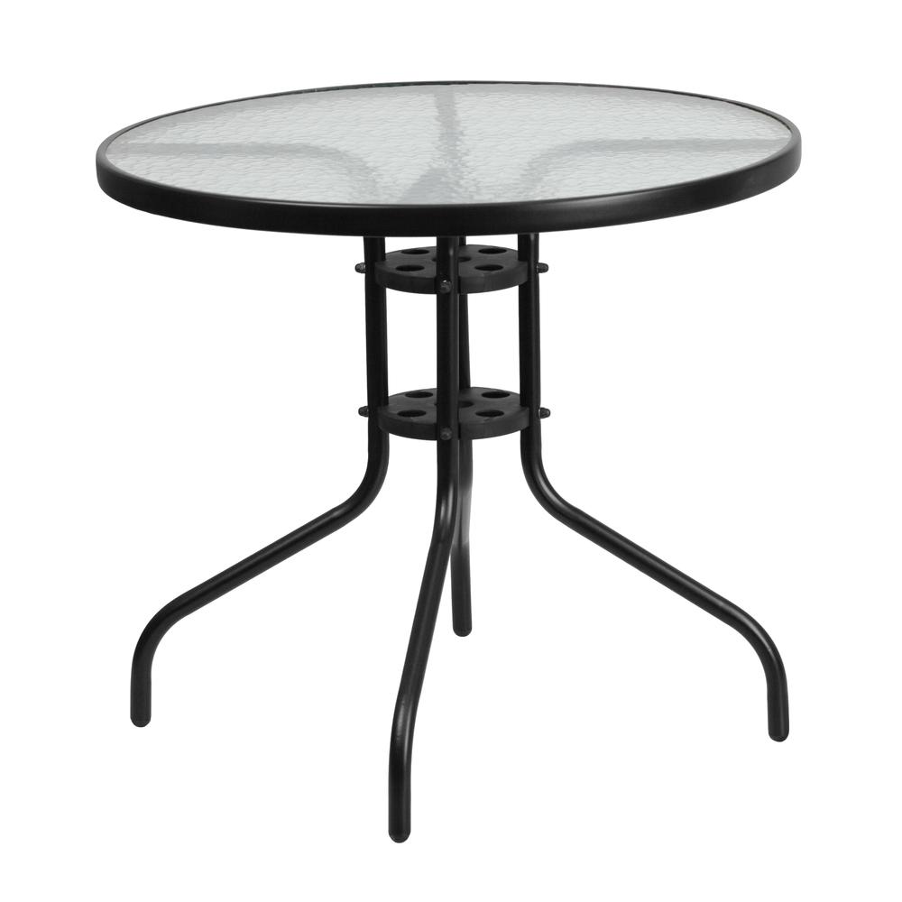 5 Piece Set - 31.5" Tempered Glass Patio Table, 4 Black Stack Chairs. Picture 8