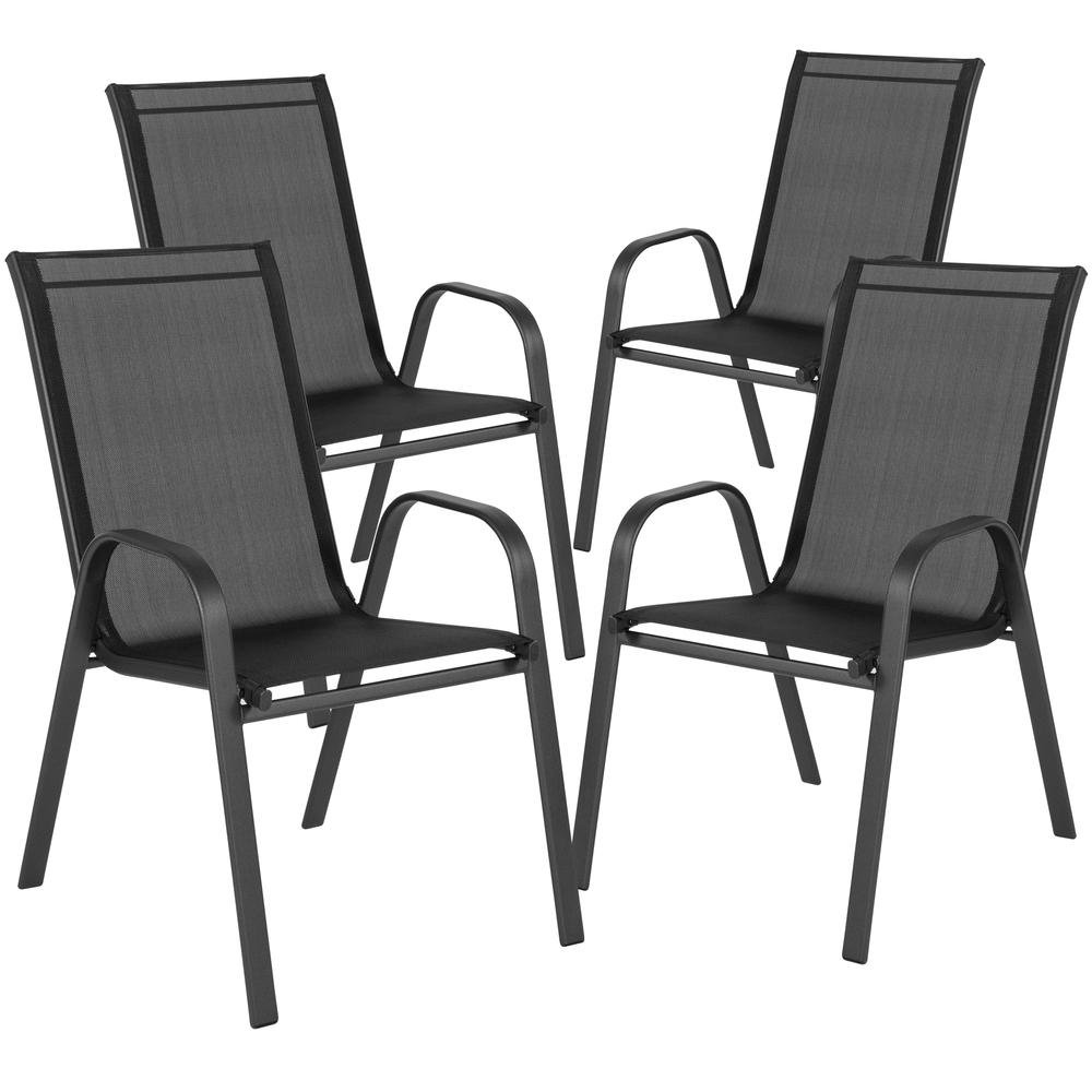 5 Piece Set - 31.5" Tempered Glass Patio Table, 4 Black Stack Chairs. Picture 9