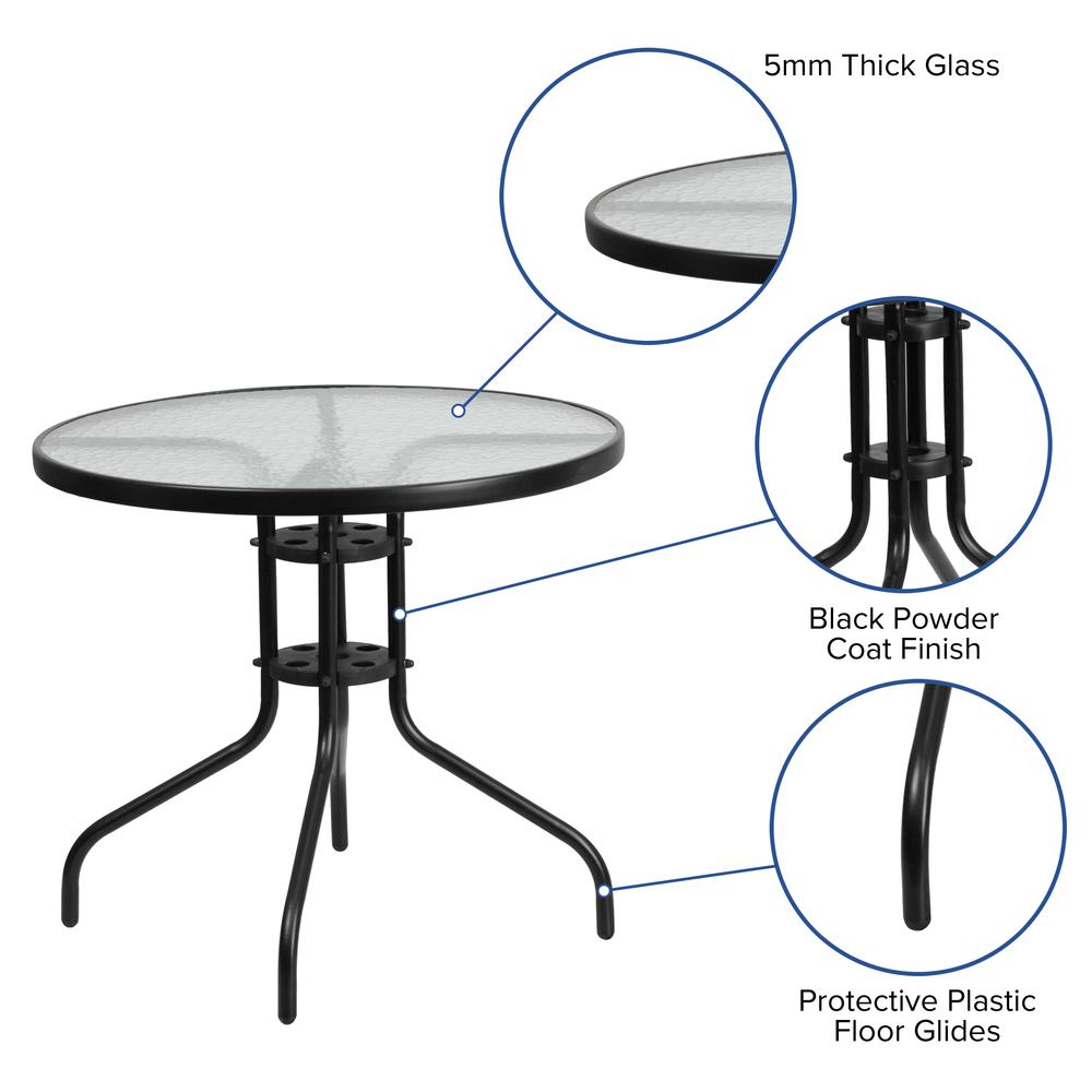5 Piece Set - 31.5" Tempered Glass Patio Table, 4 Black Stack Chairs. Picture 4