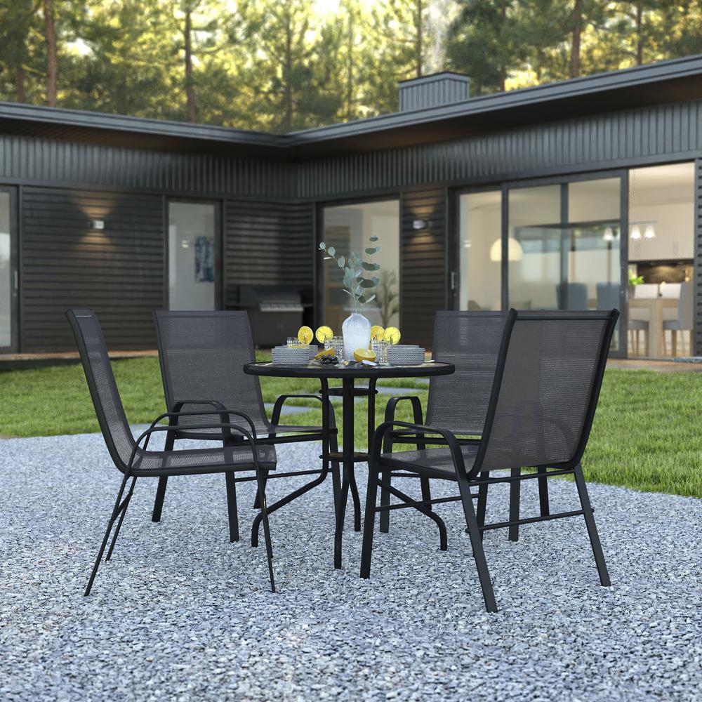 5 Piece Set - 31.5" Tempered Glass Patio Table, 4 Black Stack Chairs. Picture 2