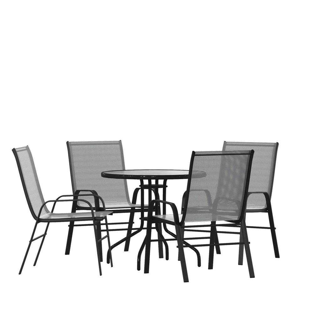 5 Piece Set - 31.5" Tempered Glass Patio Table, 4 Gray Stack Chairs. Picture 1