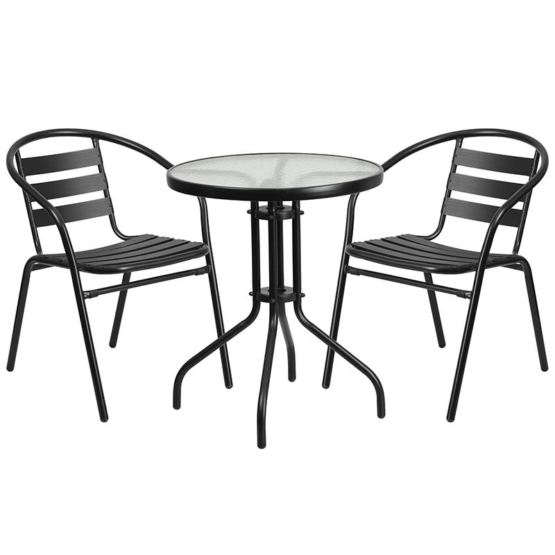 23.75'' Round Glass Metal Table with 2 Black Metal Aluminum Slat Stack Chairs. Picture 2