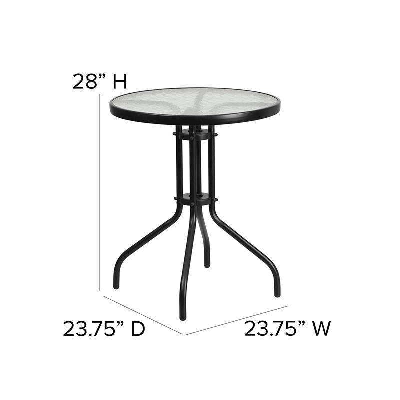 23.75'' Round Glass Metal Table with 2 Black Metal Aluminum Slat Stack Chairs. Picture 5