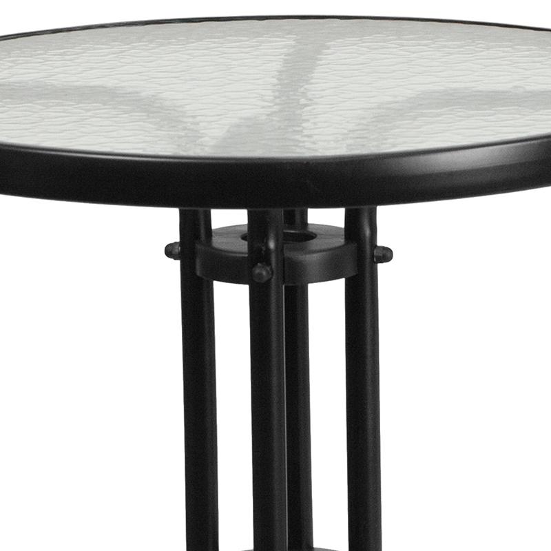 23.75'' Round Glass Metal Table with 2 Black Metal Aluminum Slat Stack Chairs. Picture 6