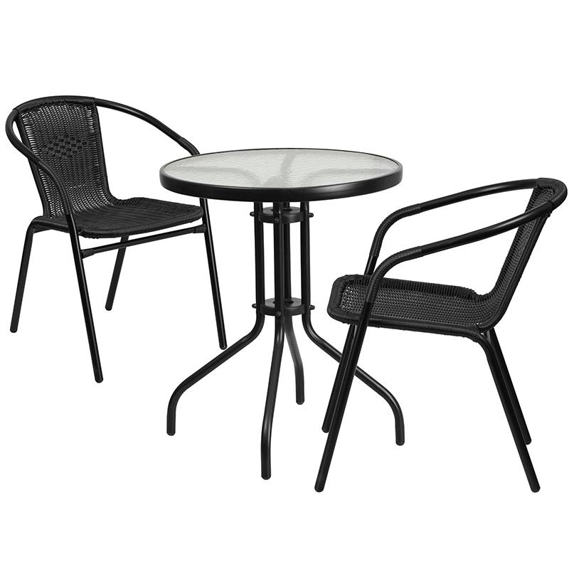 23.75'' Round Glass Metal Table with 2 Black Rattan Stack Chairs. Picture 1