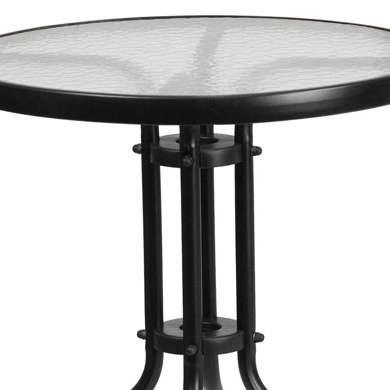 23.75'' Round Glass Metal Table with 2 Black Rattan Stack Chairs. Picture 6
