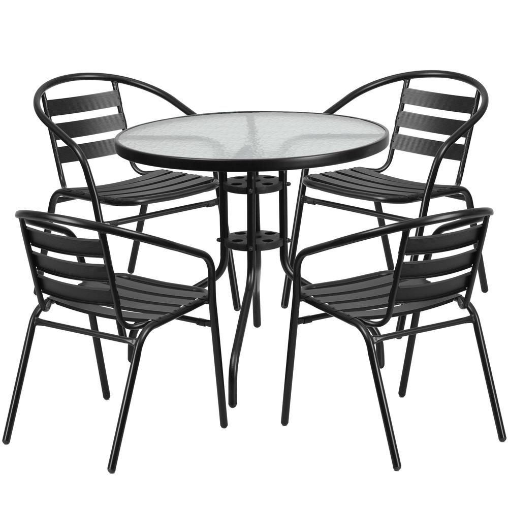 31.5'' Round Glass Metal Table with 4 Black Metal Aluminum Slat Stack Chairs. Picture 1