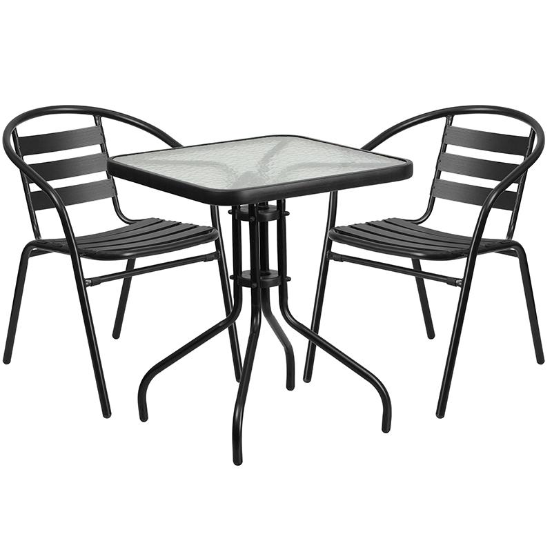 23.5'' Square Glass Metal Table with 2 Black Metal Aluminum Slat Stack Chairs. Picture 1
