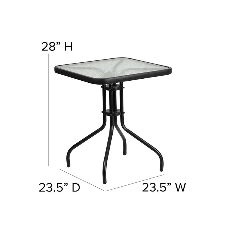 23.5'' Square Glass Metal Table with 2 Black Metal Aluminum Slat Stack Chairs. Picture 5