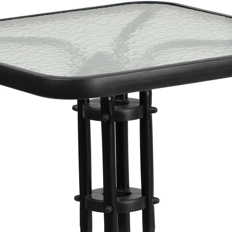 23.5'' Square Glass Metal Table with 2 Black Metal Aluminum Slat Stack Chairs. Picture 6
