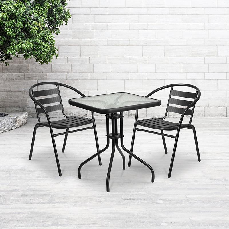 23.5'' Square Glass Metal Table with 2 Black Metal Aluminum Slat Stack Chairs. Picture 4