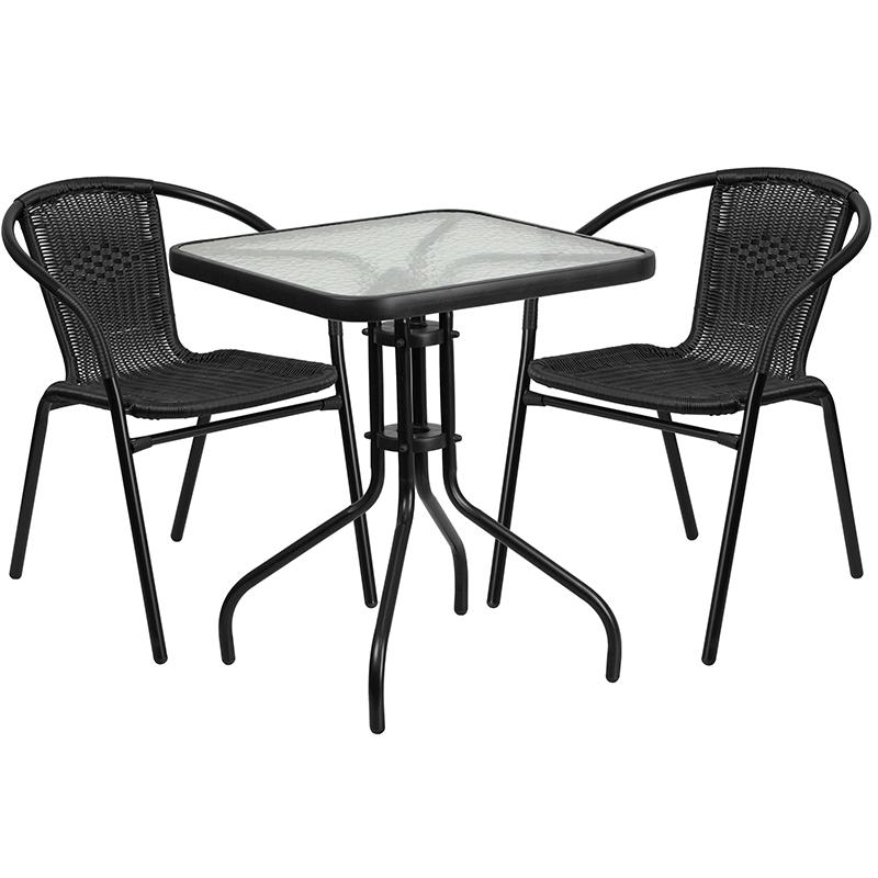 23.5'' Square Glass Metal Table with 2 Black Rattan Stack Chairs. Picture 1