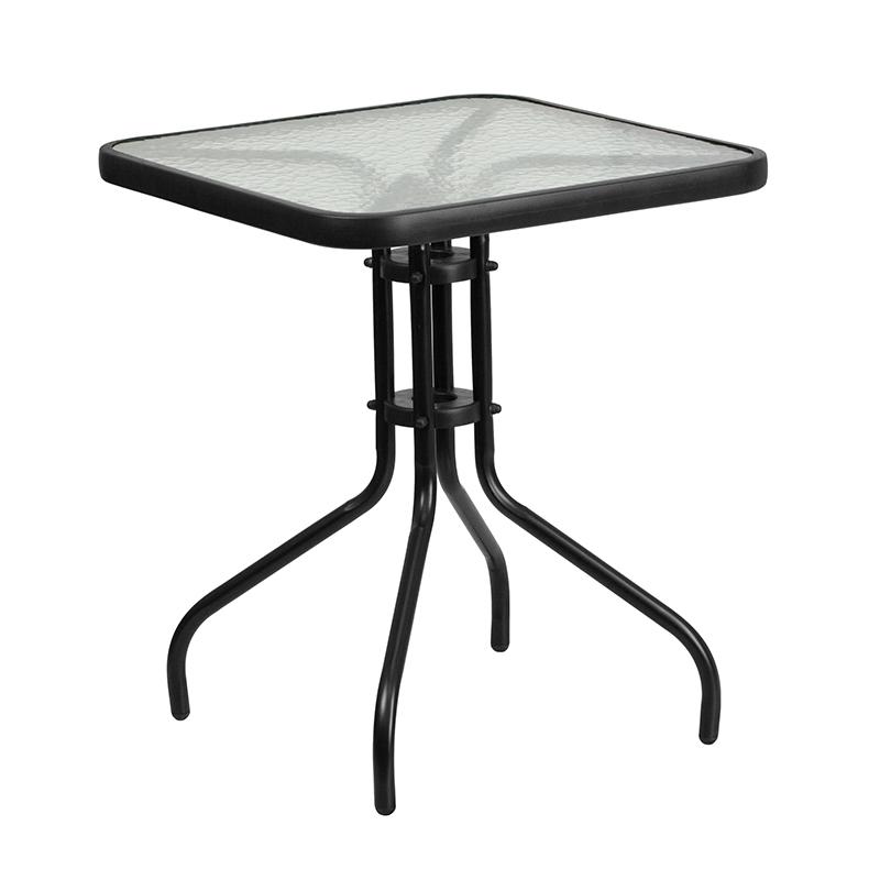23.5'' Square Glass Metal Table with 2 Black Rattan Stack Chairs. Picture 2