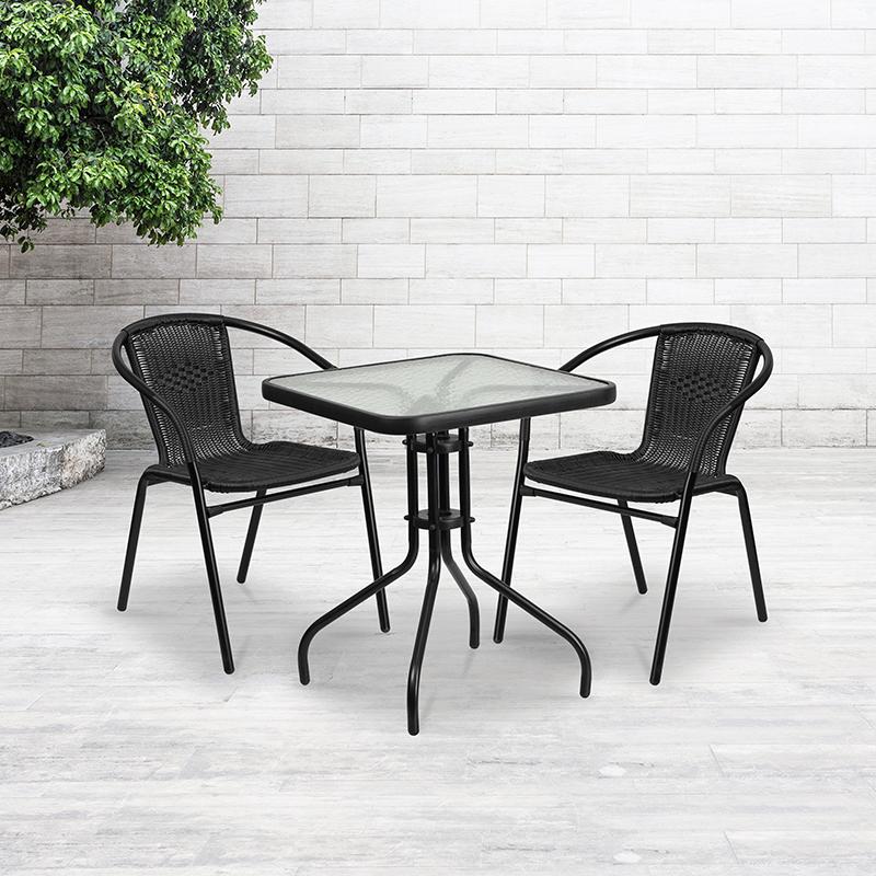 23.5'' Square Glass Metal Table with 2 Black Rattan Stack Chairs. Picture 4