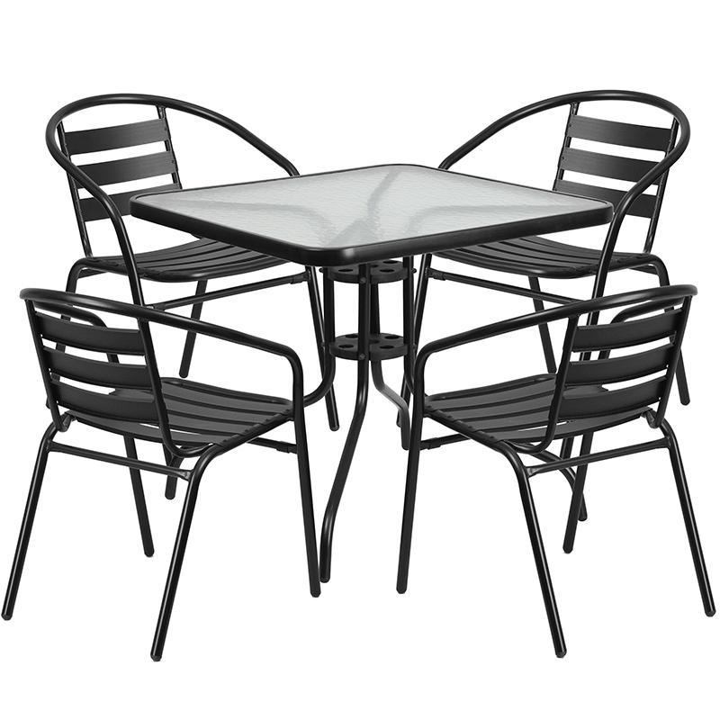 31.5'' Square Glass Metal Table with 4 Black Metal Aluminum Slat Stack Chairs. Picture 2