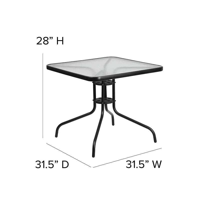 31.5'' Square Glass Metal Table with 4 Black Metal Aluminum Slat Stack Chairs. Picture 6