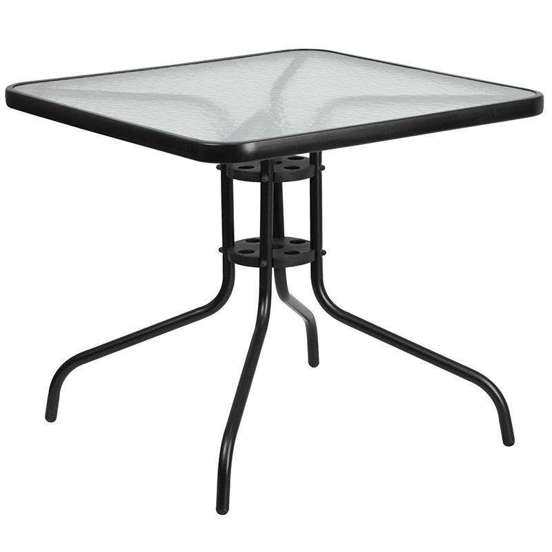 31.5'' Square Glass Metal Table with 4 Black Metal Aluminum Slat Stack Chairs. Picture 8