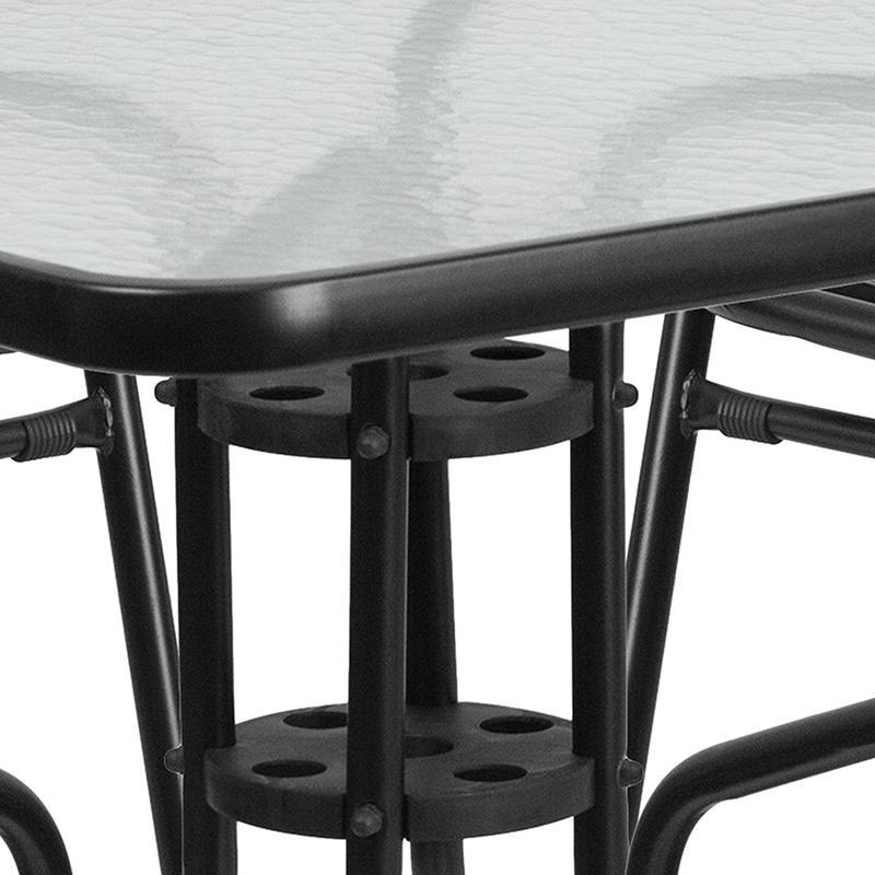 31.5'' Square Glass Metal Table with 4 Black Metal Aluminum Slat Stack Chairs. Picture 10