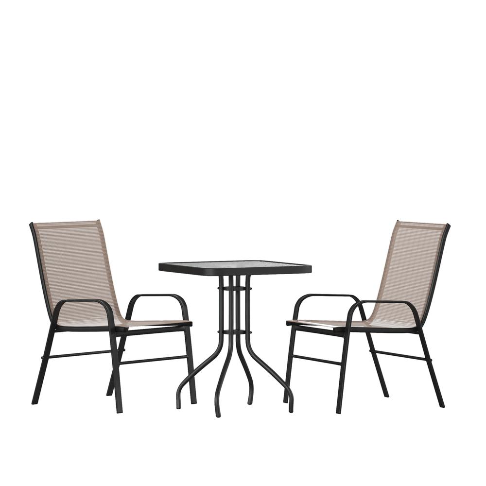 3 Piece Set - 23.5" Tempered Glass Patio Table, 2 Brown Stack Chairs. Picture 1