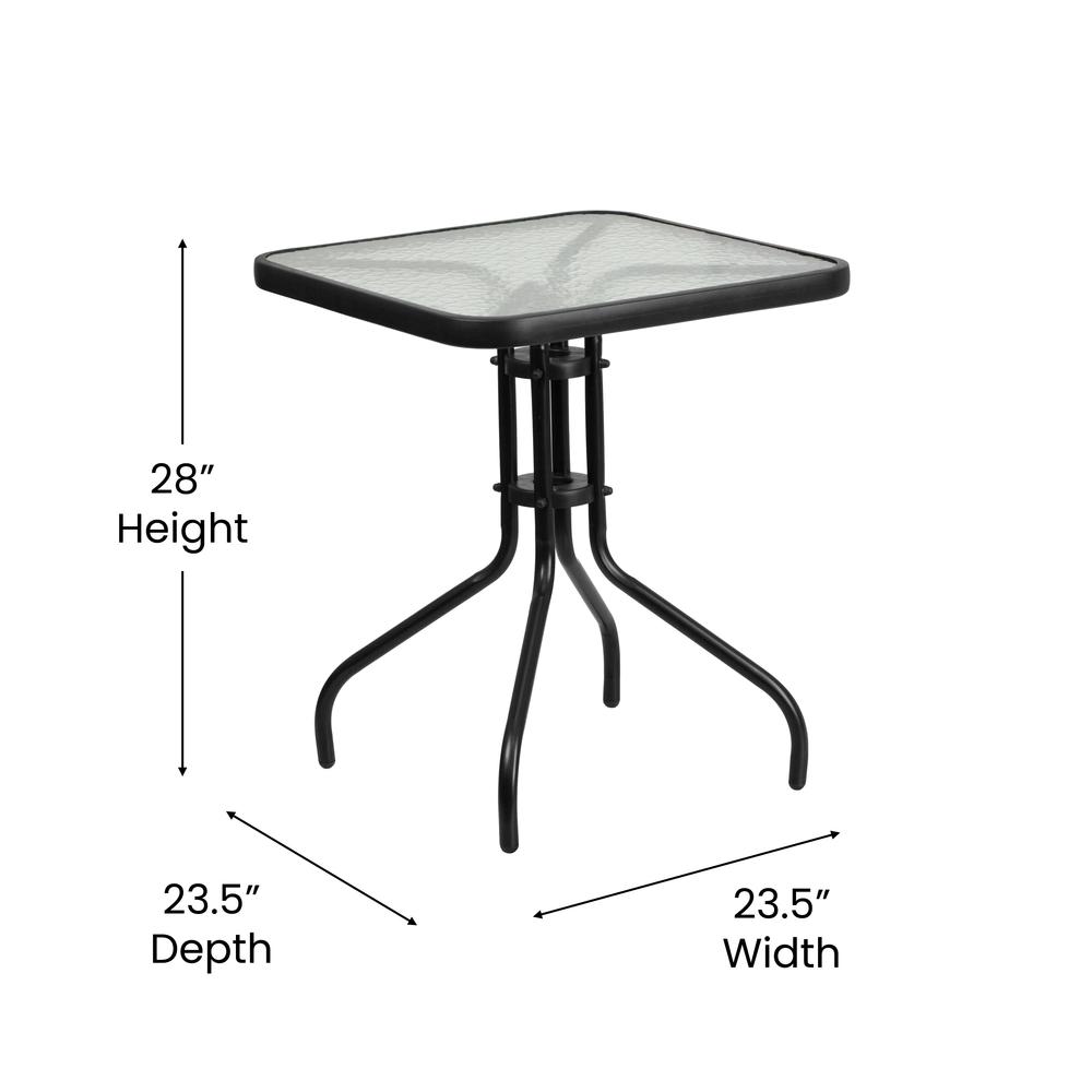 3 Piece Set - 23.5" Tempered Glass Patio Table, 2 Brown Stack Chairs. Picture 6