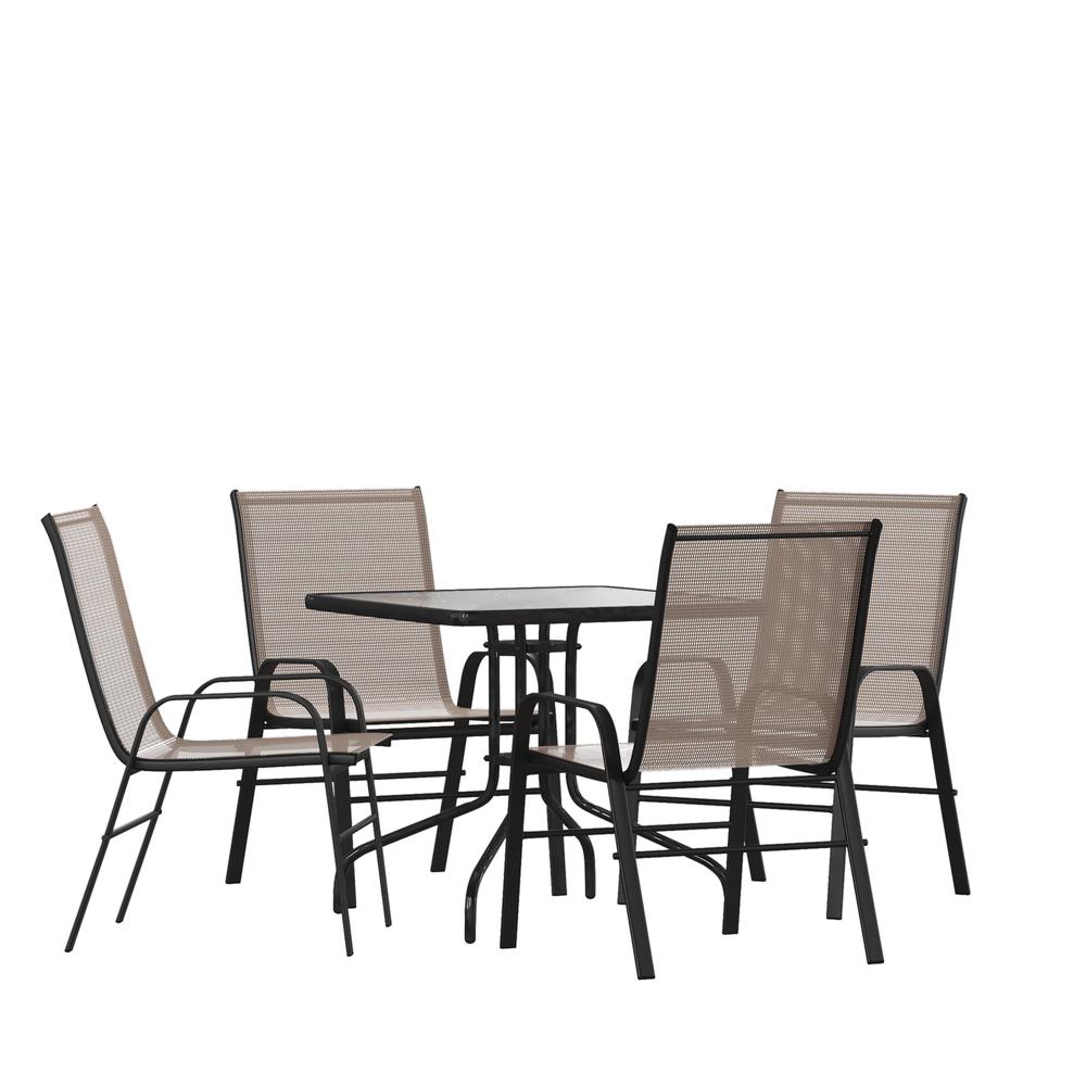 5 Piece Set - 31.5" Tempered Glass Patio Table, 4 Brown Stack Chairs. Picture 1
