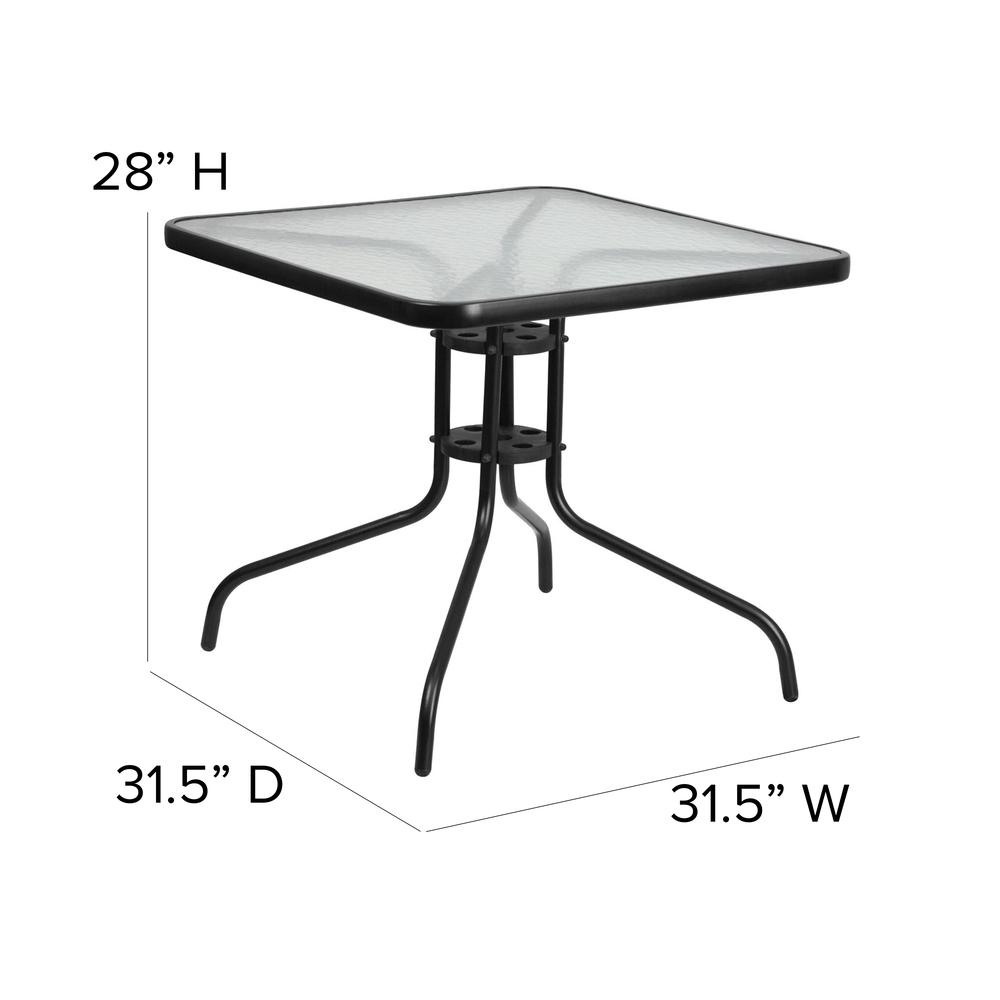 5 Piece Set - 31.5" Tempered Glass Patio Table, 4 Black Stack Chairs. Picture 6