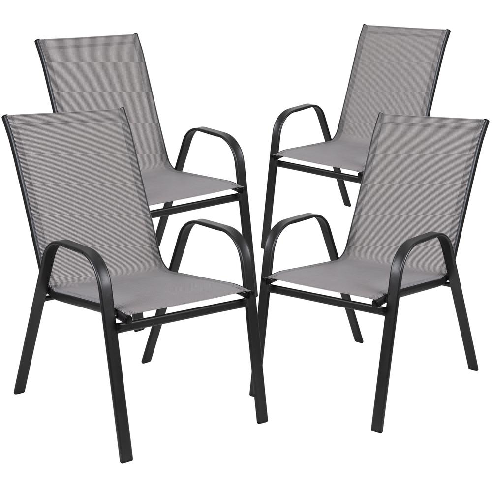 5 Piece Set - 31.5" Tempered Glass Patio Table, 4 Gray Stack Chairs. Picture 9