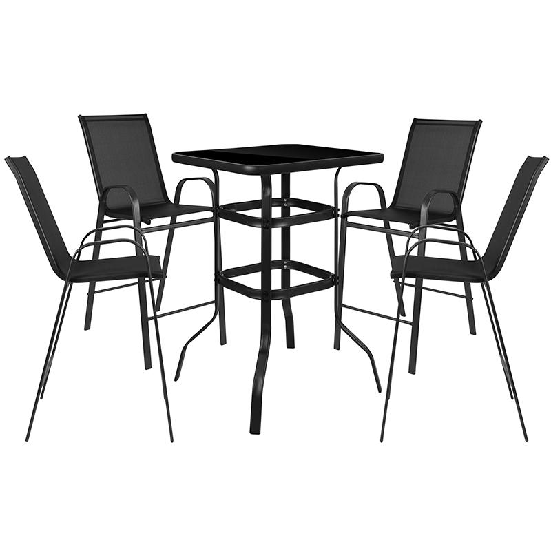 2-Person Bistro Set - Brazos Glass Bar Table with Black Patio Stools. Picture 2
