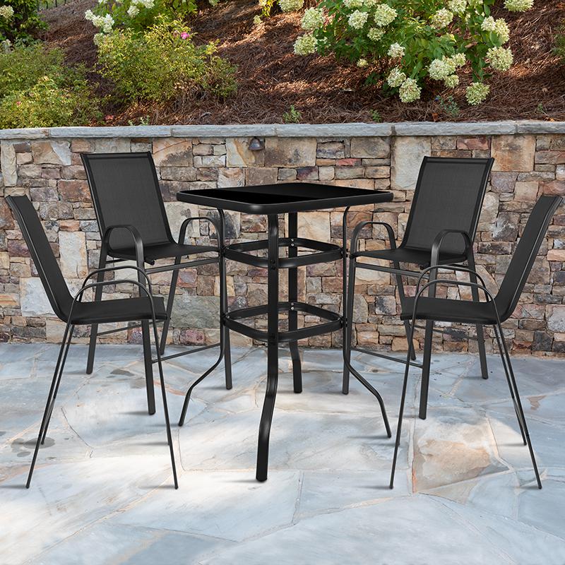 2-Person Bistro Set - Brazos Glass Bar Table with Black Patio Stools. Picture 1