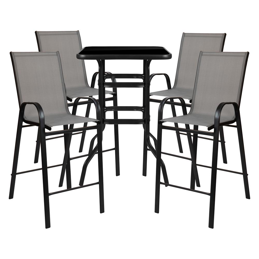 Dining Set - 4-Person Bistro Set - Brazos Glass Bar Table with Gray Patio Stools. Picture 2