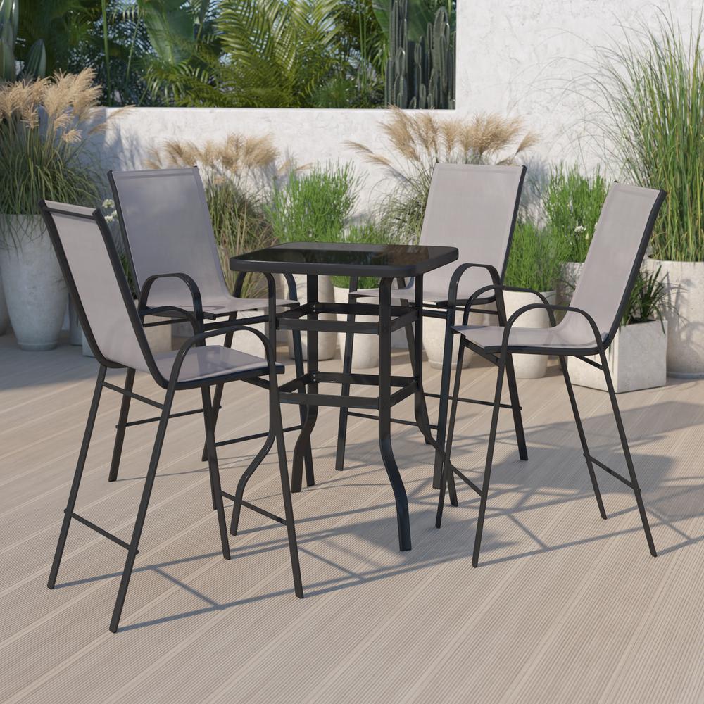 Dining Set - 4-Person Bistro Set - Brazos Glass Bar Table with Gray Patio Stools. Picture 1