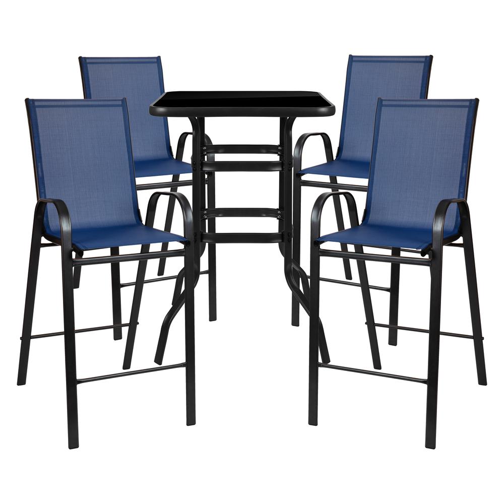 Dining Set - 4-Person Bistro Set - Brazos Glass Bar Table with Navy Patio Stools. Picture 2