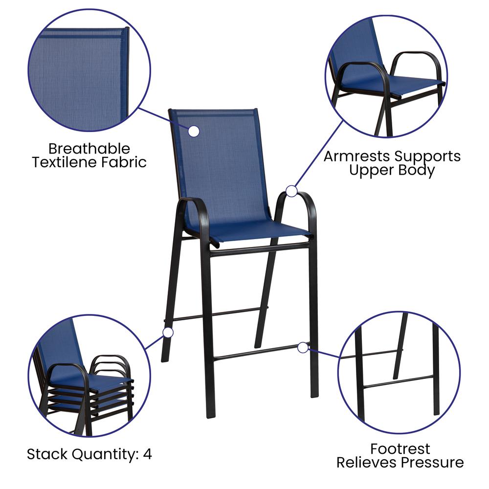 Dining Set - 4-Person Bistro Set - Brazos Glass Bar Table with Navy Patio Stools. Picture 4
