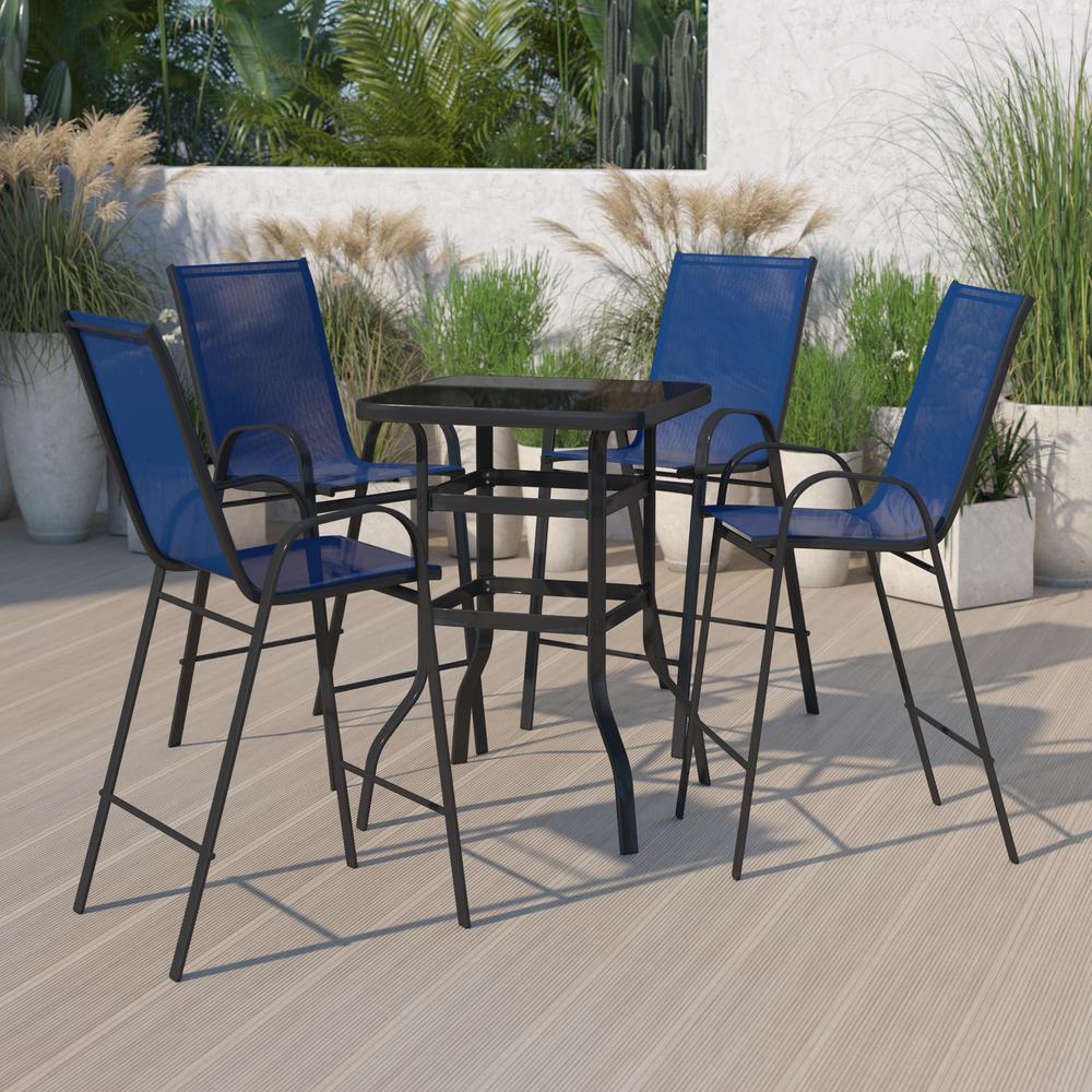 Dining Set - 4-Person Bistro Set - Brazos Glass Bar Table with Navy Patio Stools. Picture 1