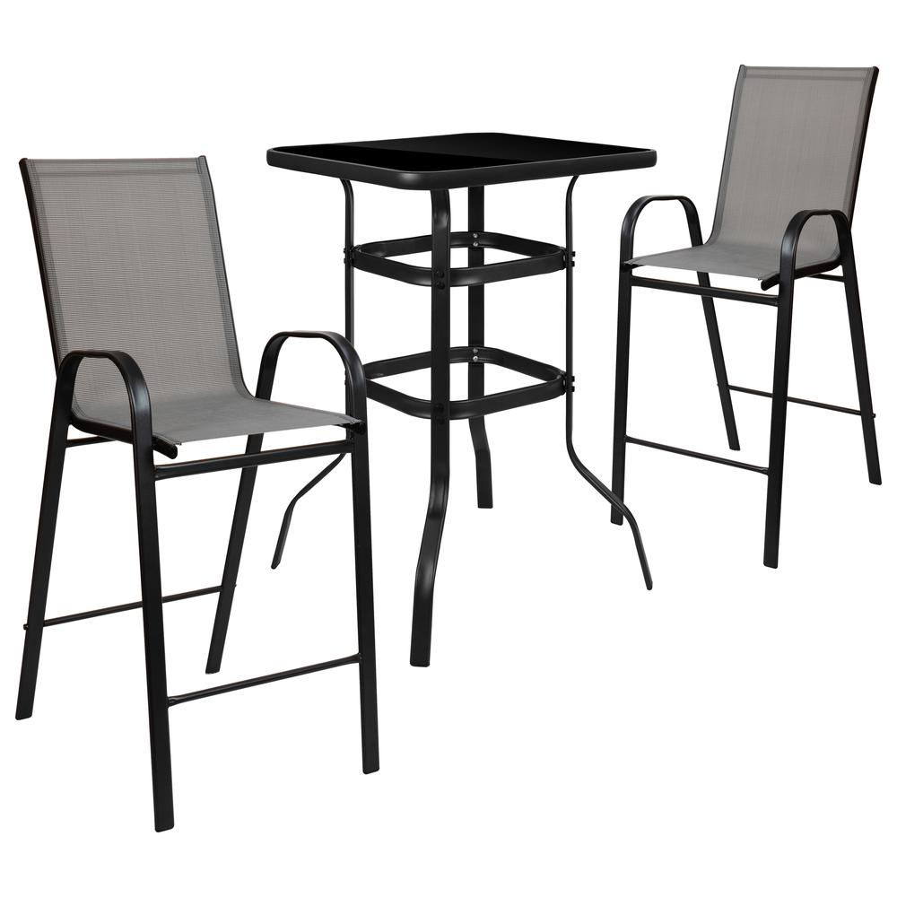 Dining Set - 2-Person Bistro Set - Brazos Glass Bar Table with Gray Patio Stools. Picture 2