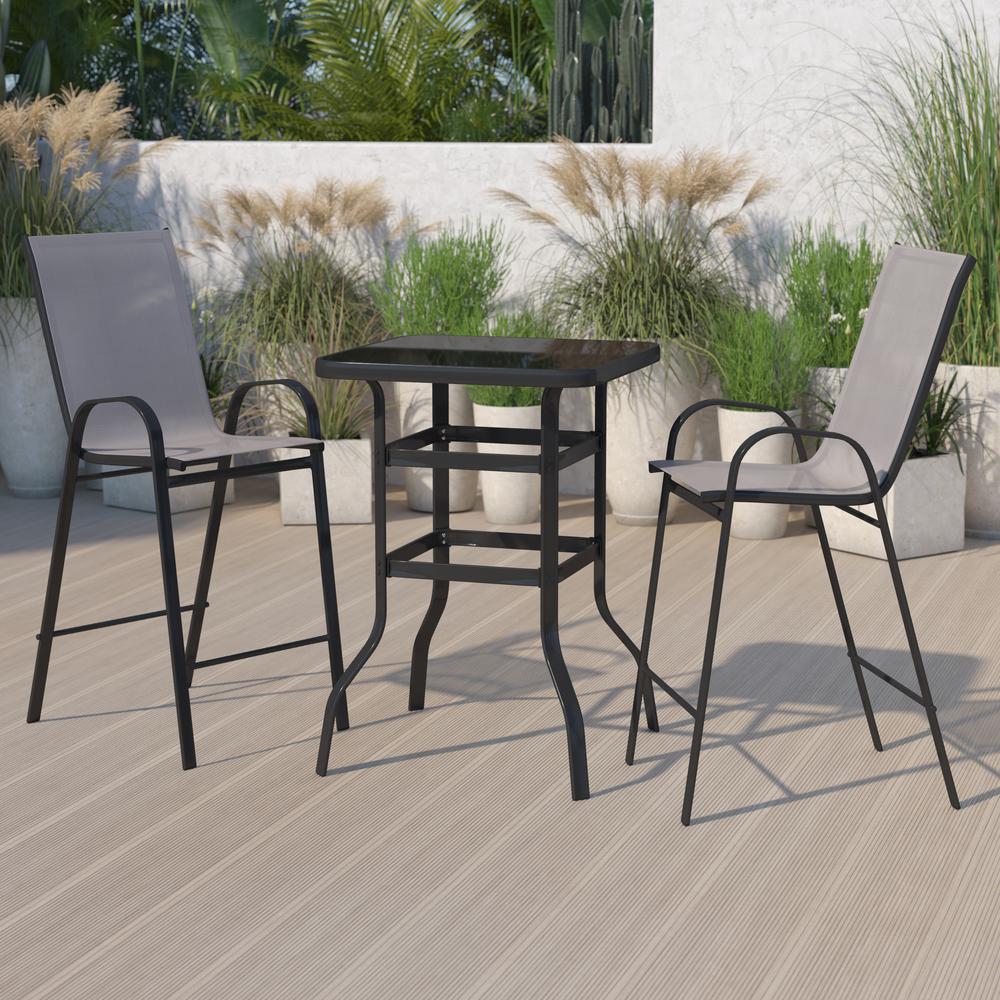 Dining Set - 2-Person Bistro Set - Brazos Glass Bar Table with Gray Patio Stools. Picture 1