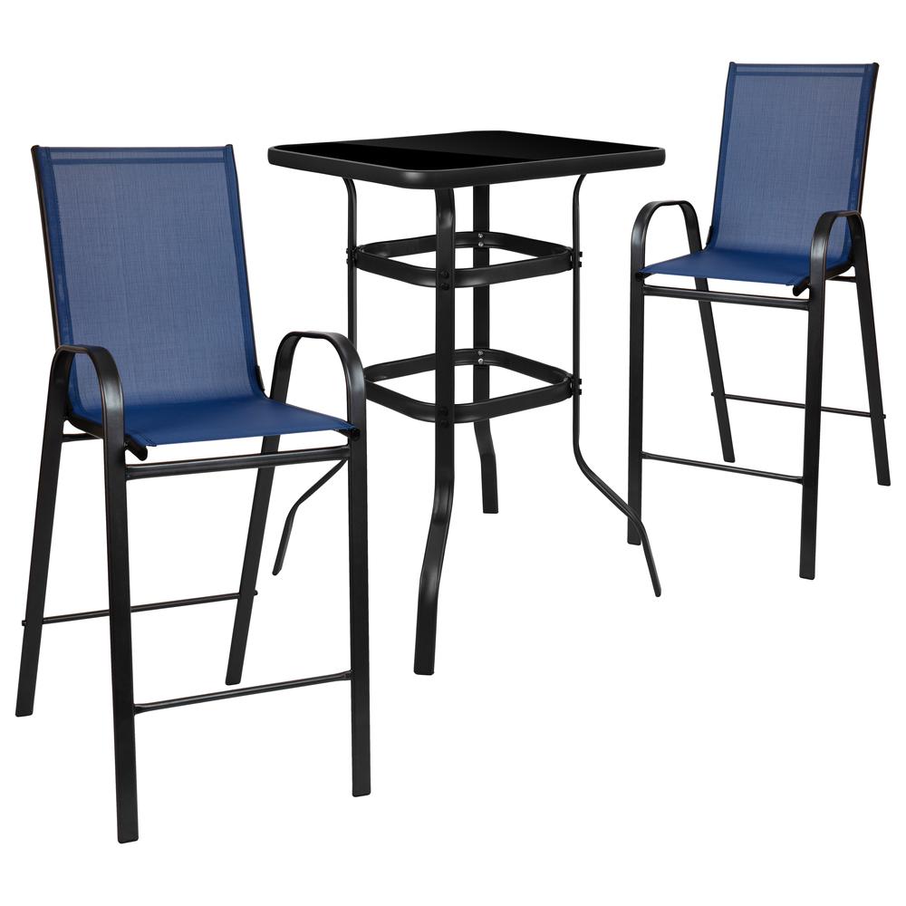 Dining Set - 2-Person Bistro Set - Brazos Glass Bar Table with Navy Patio Stools. Picture 2