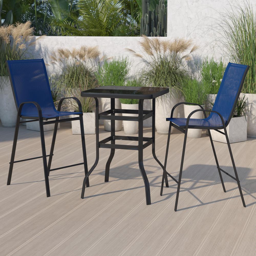Dining Set - 2-Person Bistro Set - Brazos Glass Bar Table with Navy Patio Stools. Picture 1