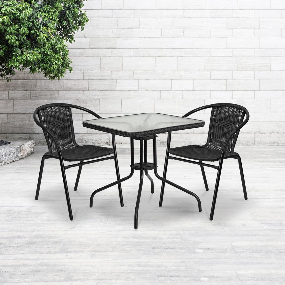 28'' Square Tempered Glass Metal Table with Black Rattan Edging. Picture 1